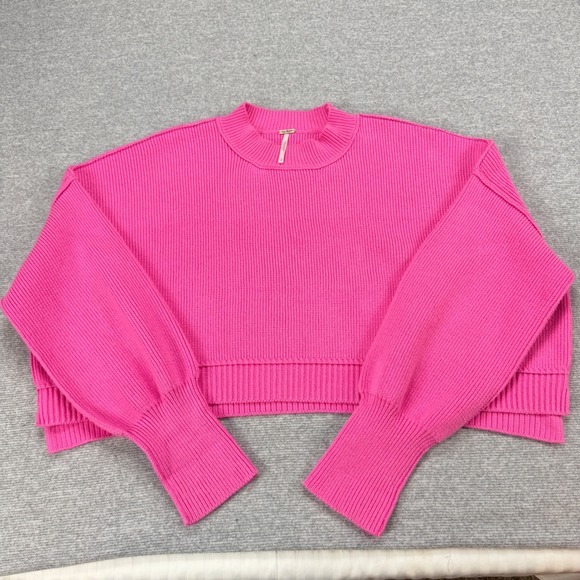 Free People Hot Pink Ribbed Knit Crop Sweater Mock Neck Boxy Mens M - Picture 12 of 16